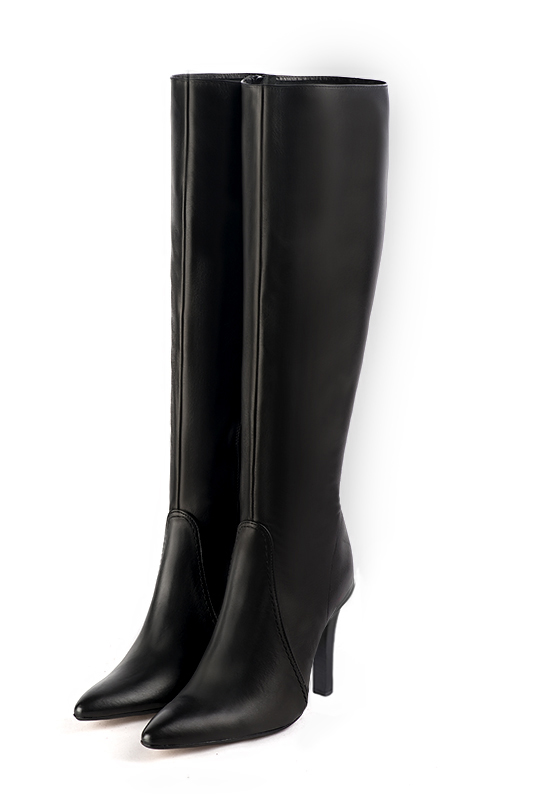 Satin black women's feminine knee-high boots. Tapered toe. Very high slim heel. Made to measure. Front view - Florence KOOIJMAN